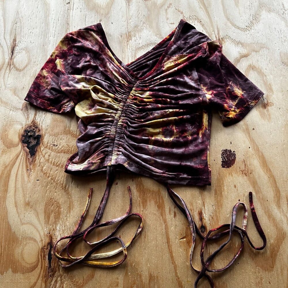 RUVE Burgundy Acid Wash Ruched Crop Top - XS